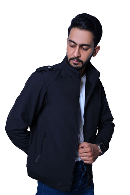 Men's Stylish Black Jacket with Shoulder Button Flappers