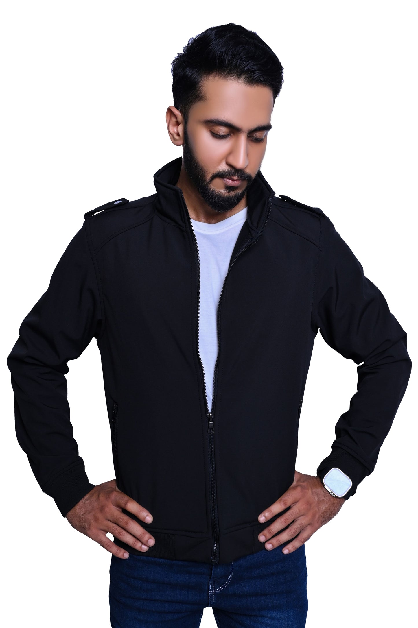 Men's Stylish Black Jacket with Shoulder Button Flappers