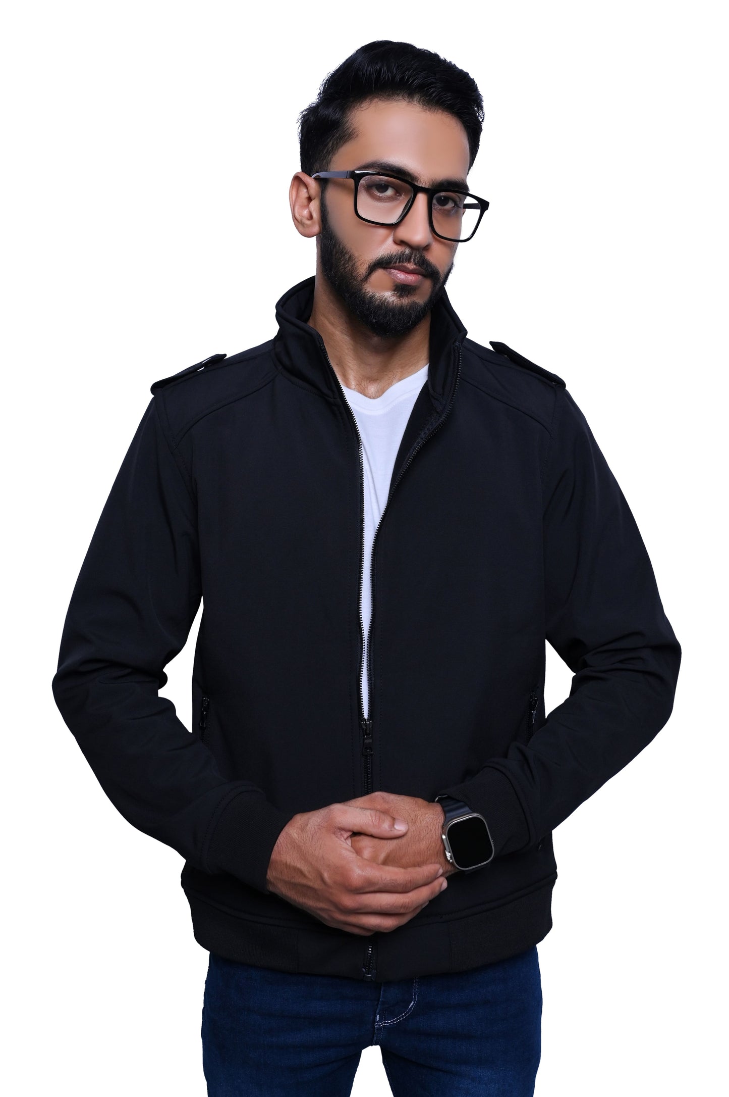 Men's Stylish Black Jacket with Shoulder Button Flappers