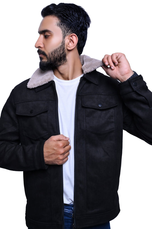 Men's Warm Shearling Jacket with Removable Collar